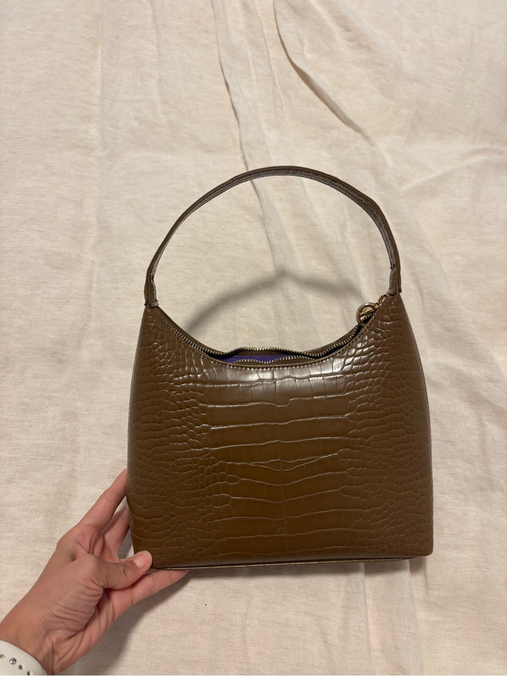 Croc-Embossed Brown Shoulder Bag with Top Handle